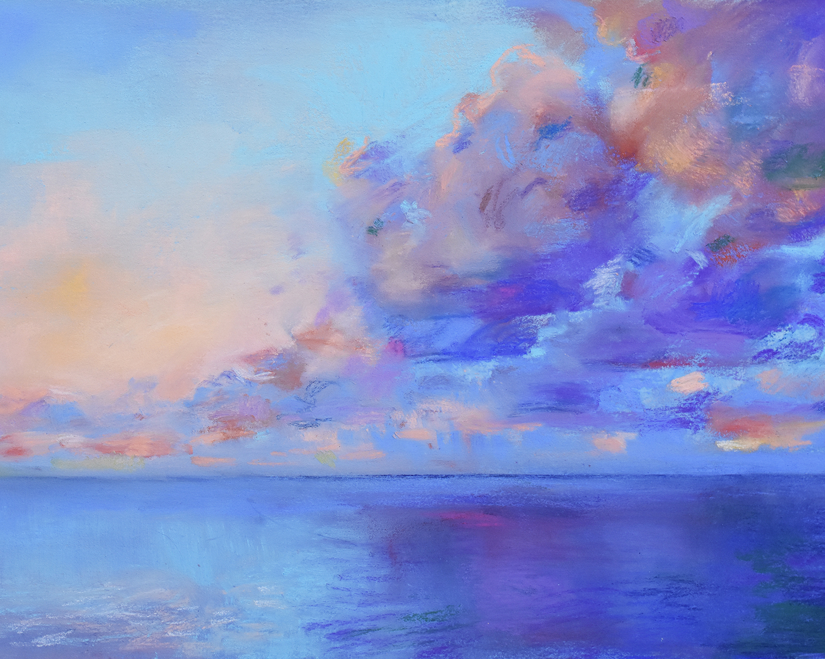 soft pastel painting of the sun setting over the Pacific Ocean